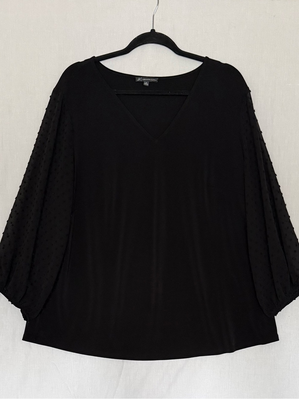 Adrianna Papell V-neck Blouse Sheer Swiss Dot Balloon Sleeves Black 1X